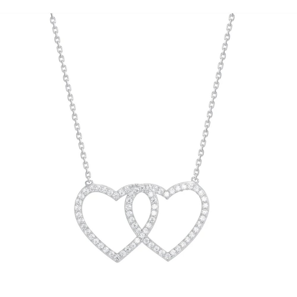 Sterling Silver 925 Rhodium Plated Double CZ Heart Necklace